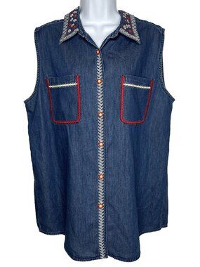 Vintage 80s Bechamel Blue Denim Sleeveless Shirt Top Size XL Floral Embroidered